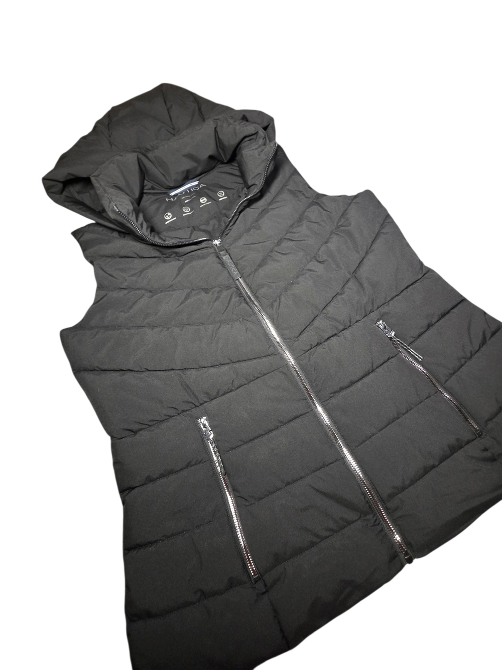 Nautica Black Quilted Puffer Vest Detachable Hood Zip Pockets EUC Large